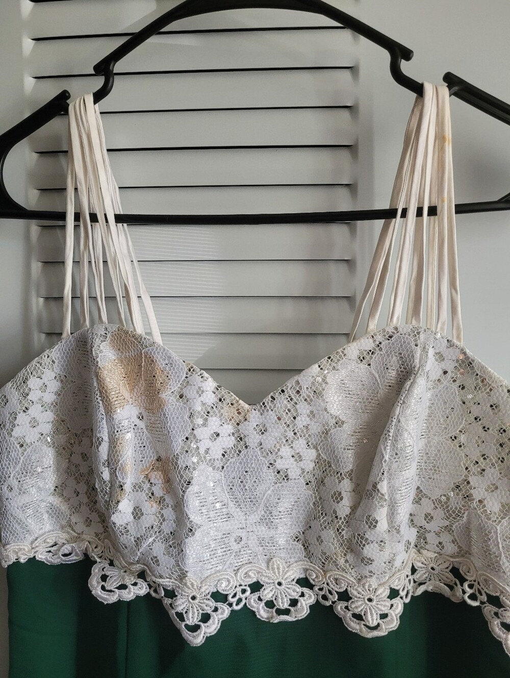 Vintage Green Chiffon Dress with Ivory Lace Bodice Size Small - Picture 3 of 12